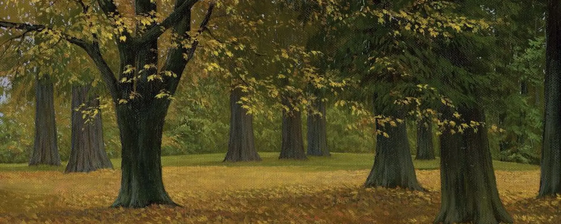 Autumn Stroll, an oil painting of a grove of old trees over a floor of fallen golden leaves