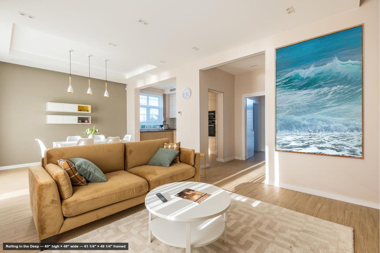 A living room with Rolling in the Deep hanging on the wall, shown at its true size by the View in Your Room tool