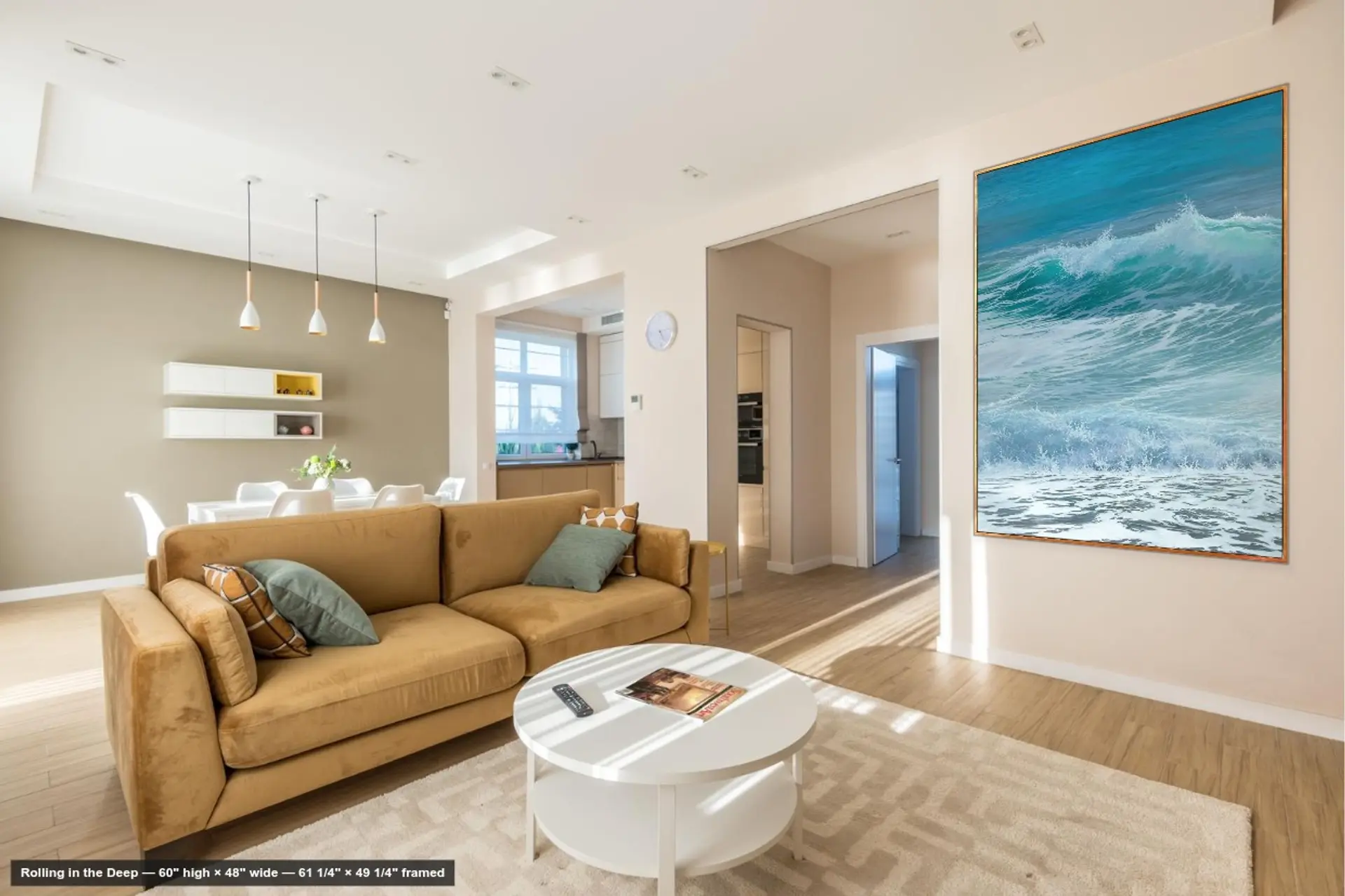 A living room with Rolling in the Deep hanging on the wall, shown at its true size by the View in Your Room tool